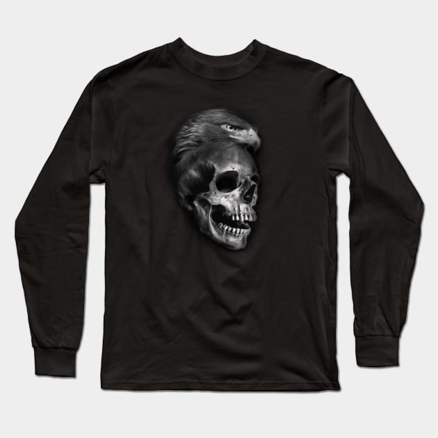 Eagle and Skull Black and Grey Art Long Sleeve T-Shirt by Print Art Station